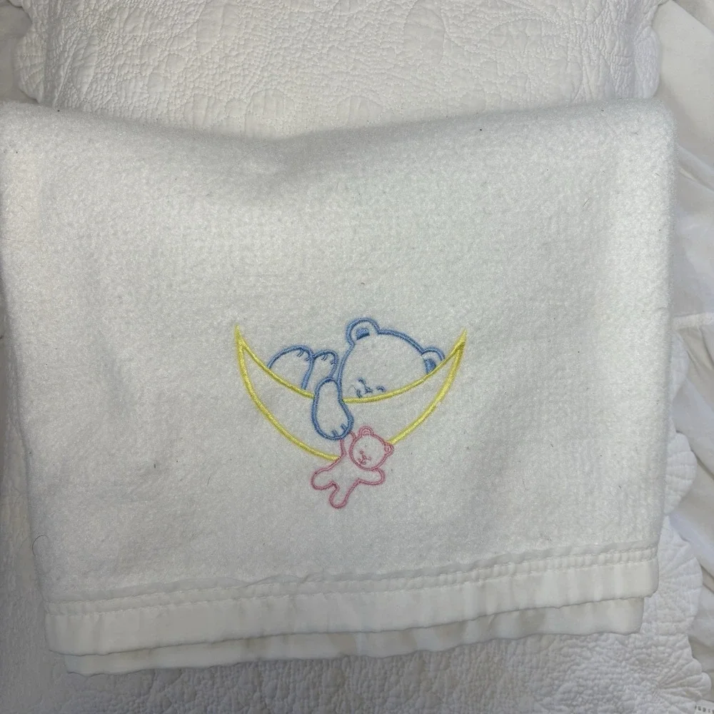 Vintage White Polyester Baby Blanket Teddy Moon 40x40